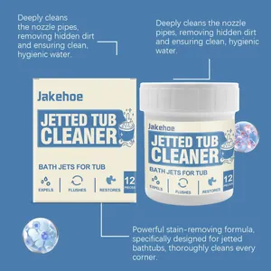 Detail showing JAKEHOE jetted tub cleaner packaging and product bottle specifications