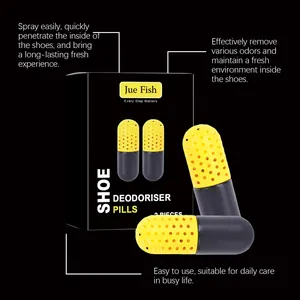 Detail view of JUE FISH shoe deodorizer capsules and packaging for odor removal.