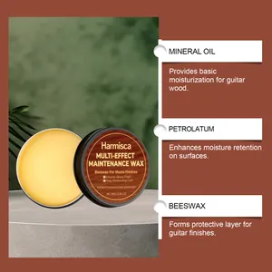 Detalles de cera de abejas Harmisca para guitarra con beneficios de ingredientes.