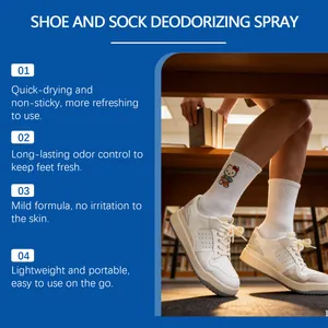 Shoe and sock deodorizing spray features infographic with lifestyle library scene.