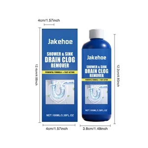 Jakehoe 100ml drain clog remover showing box and bottle dimensions for sink and shower