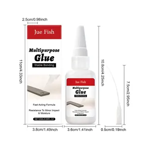 Detailliertes Maßdiagramm für Jue Fish Mehrzweckkleber Flasche, Schachtel und Applikator