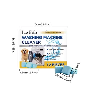 Dimensions of Jue Fish washing machine cleaner tablets pack and individual tablet