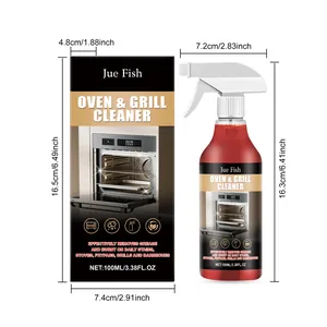 Dimensiones detalladas del spray y la caja del limpiador de hornos y parrillas Jue Fish 100ml