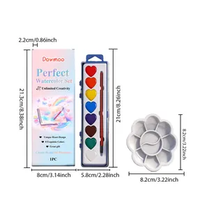 Detailed dimensions of heart-shaped watercolor paint set with 8 colors and palette