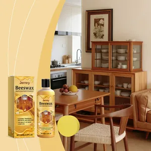 Beeswax wood furniture polish and conditioner in a warm home kitchen setting.