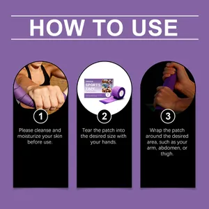 Grafica con istruzioni in tre passaggi su come applicare il nastro sportivo viola