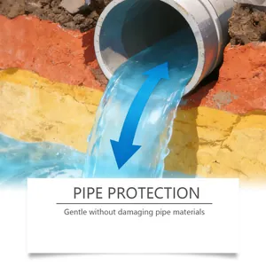 Detail view of blue cleaning agent flowing through a drain pipe illustrating pipe protection