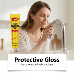Detailed view of vyreth metal polishing paste with a shiny kitchen faucet demonstration.