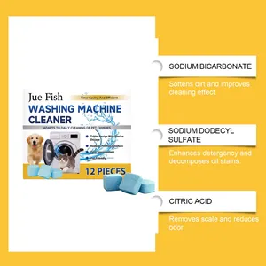 Close-up detail of washing machine cleaner tablets with ingredient information