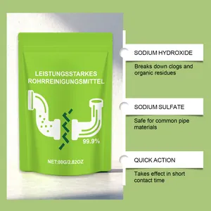 Detalle de ingredientes del desatascador de tuberías con hidróxido de sodio y sulfato