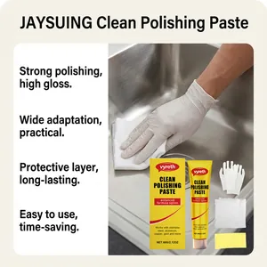 Detail view of Vyreth metal polishing paste being applied to a stainless steel sink