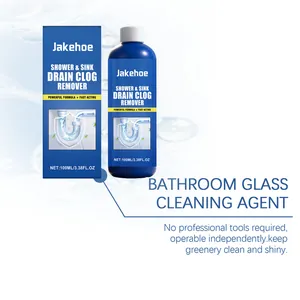 Detail of Jakehoe shower and sink drain clog remover bottle and packaging box.