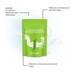 Potente polvo desatascador en bolsa verde de 80g para tuberías de cocina y baño