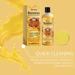 Detailed view of Jarrary beeswax wood polish bottle and box with application sponge