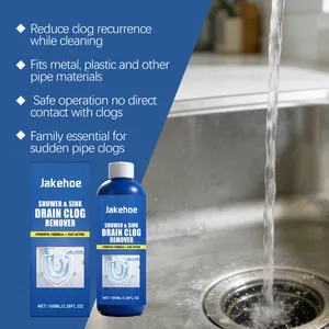 Jakehoe drain clog remover shown with kitchen sink scene and pipe cleaning features.