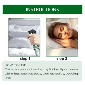 Step-by-step instructions for using South Moon herbal mite remover spray on bedding items.