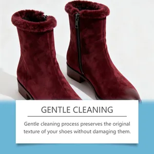 Macro view of burgundy suede boots showing clean texture after gentle cleaning.