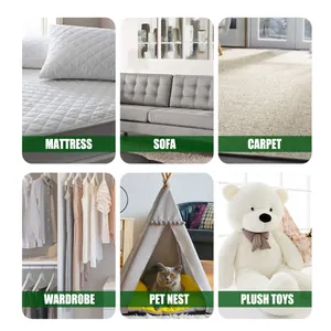 Usage scenarios for mite remover on mattress, sofa, carpet, wardrobe, pet nests, and toys.