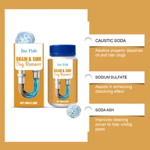 Ingredients detail for Jue Fish drain remover featuring caustic soda and soda ash.
