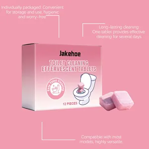 Macro view of pink toilet cleaning effervescent tablets with packaging box and features