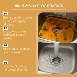 Effective drain clog remover powder showing before and after sink cleaning results.