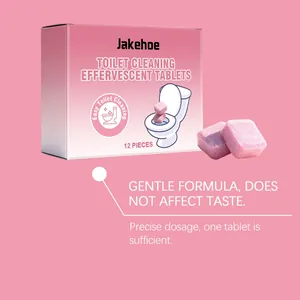 Close-up of Jakehoe toilet cleaning tablets and pink packaging with usage instructions.