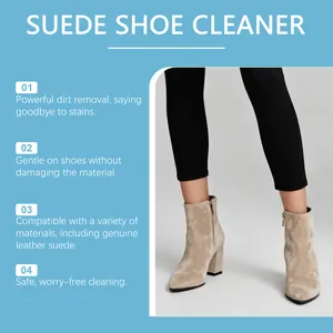 Suede shoe cleaner features with photo of clean tan suede boots on model