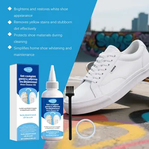 Complete JUE FISH shoe cleaner kit with brush and tape shown with a bright white sneaker.
