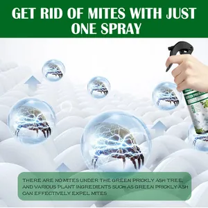 Macro view of herbal mite remover spray expelling mites from fabric surface