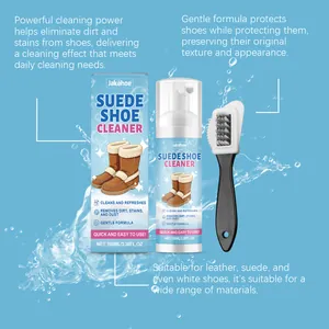 Detail view of JAKEHOE suede shoe cleaner foam and brush with water splash effect