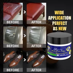 Crema reparadora de cuero con resultados antes y después en sofás, asientos y zapatos.
