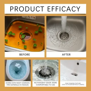 Before and after comparison showing powerful drain cleaner powder efficacy for sinks