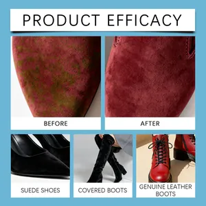 Comparison of a red suede shoe before and after using the premium shoe cleaning kit.
