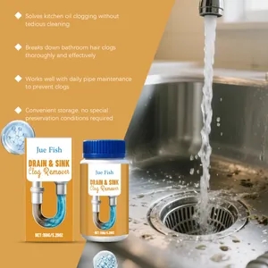 Detail showing Jue Fish drain and sink clog remover powder for kitchen and bathroom pipes