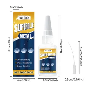 Detaillierte Abmessungen von 50g Metall-Sekundenkleber Flasche und Box in cm und Zoll.