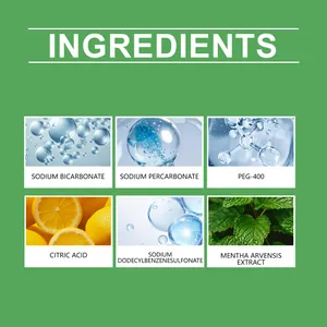 Ingredients display for toilet cleaning tablets including citric acid and mentha extract.