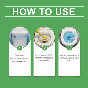 Three-step instructional guide on how to use toilet cleaning effervescent tablets correctly.