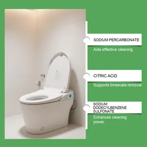 Details of toilet cleaning tablet ingredients showing effective limescale removal power.