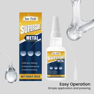Detailansicht der Jue Fish Metallkleberflasche und Verpackung mit Spezifikationen.