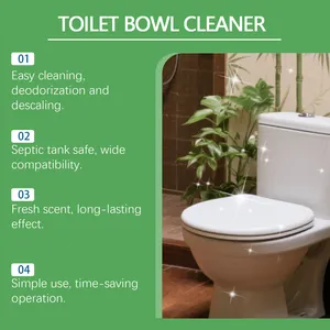 Comprehensive toilet bowl cleaner benefits with sparkling clean toilet illustration