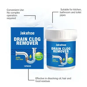 Detail view of Jakehoe drain clog remover showing benefits for kitchen and bathroom pipes.