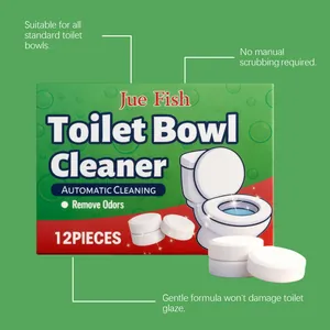 Detailed view of Jue Fish toilet cleaner tablets 12-pack with feature callouts.