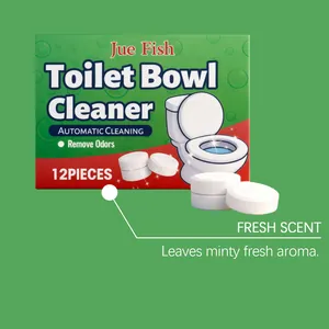 Close-up of Jue Fish toilet bowl cleaner tablets with packaging and minty fresh aroma