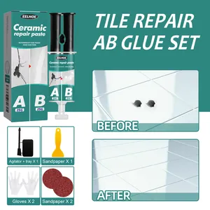 Detail view of ceramic tile repair glue set with before and after results and accessories.