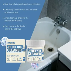 JAKEHOE Jetted Tub Cleaner tablets showing effective stain removal in a bathroom setting.