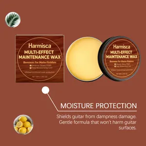 Vista detallada de la cera de abejas Harmisca para el mantenimiento y protección de guitarras