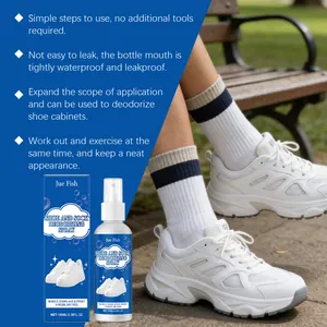 Jue Fish shoe and sock deodorizing spray shown with white sneakers and usage tips