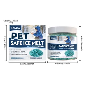 Pet safe ice melt granules in 100g jar and box showing clear dimension labels.