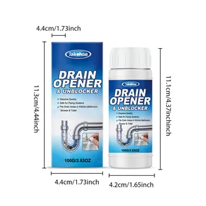 Detailed dimensions of Jakehoe 100g drain opener powder bottle and packaging box.